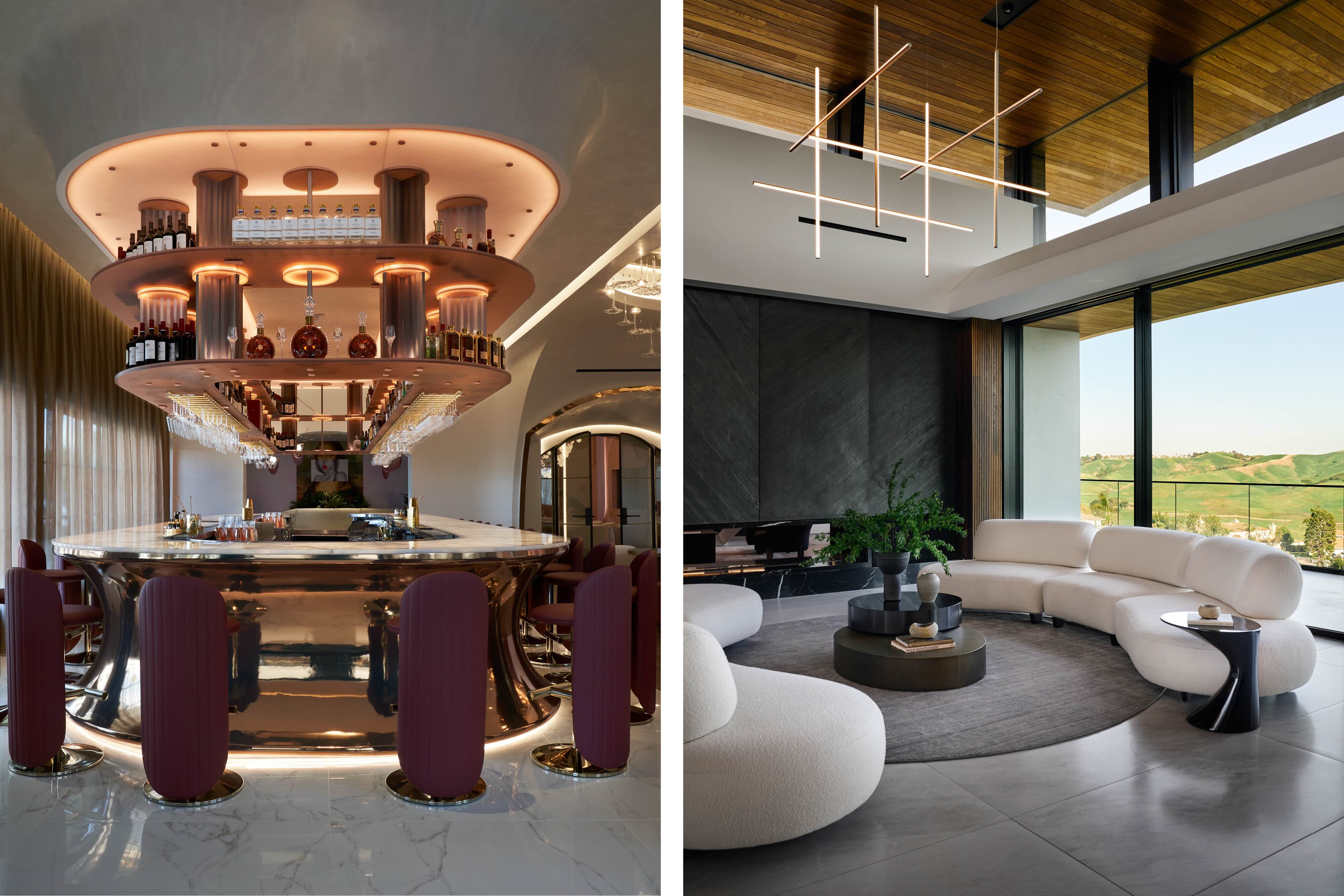 Luxurious interior spaces featuring a circular bar with rose gold accents and a modern living room with curved white sofas