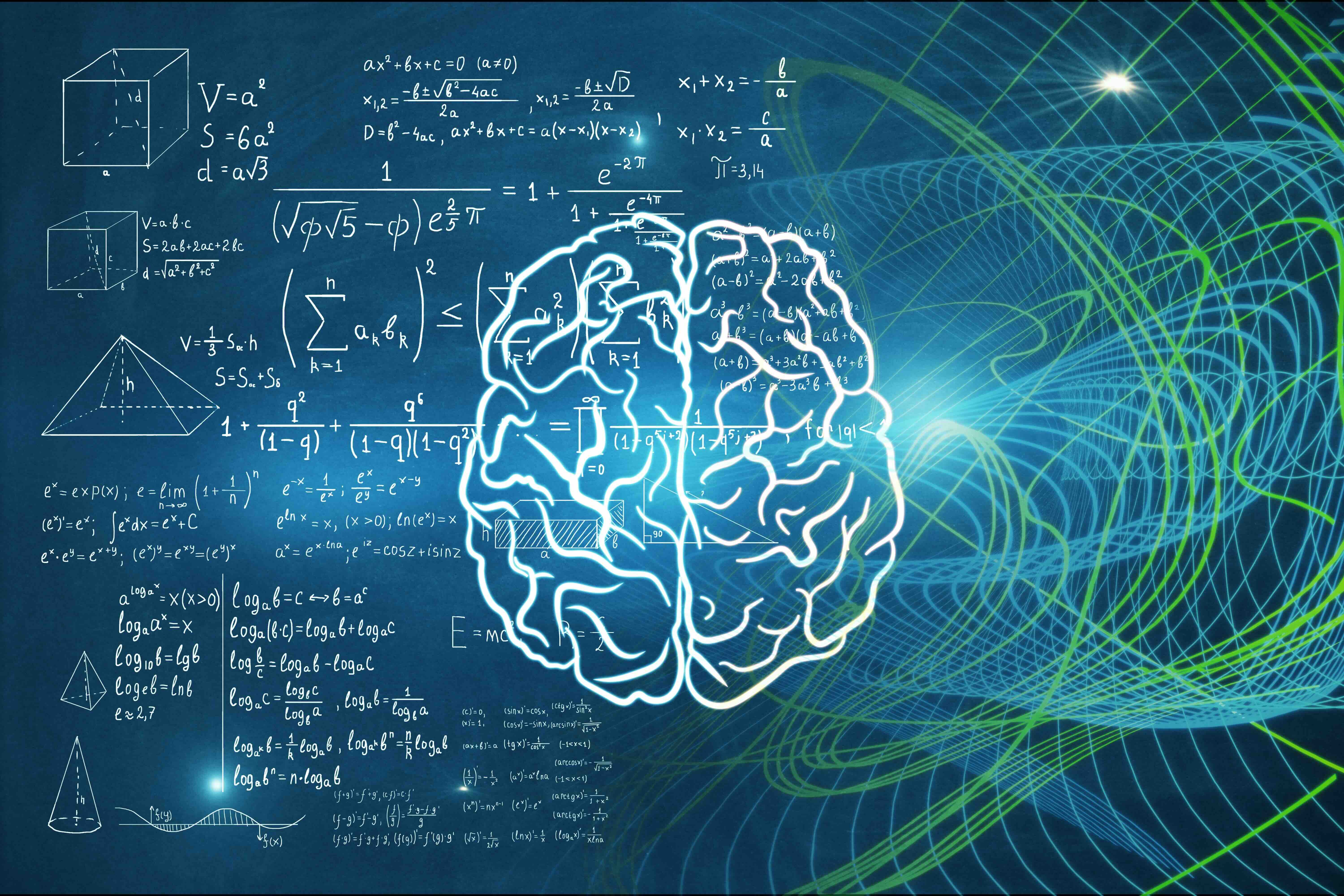 Brain illustration overlaid with mathematical formulas and digital neural network patterns on blue background