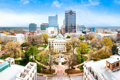 Drone panorama of the North Carolina State Capitol and Raleigh, North Carolina skyline