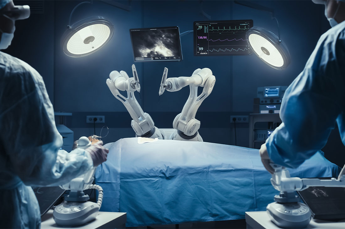Two Surgeons Wearing Augmented Reality Headsets, Using High-Precision Remote Controlled Robot Arms To Operate On Patient In Futuristic Hospital