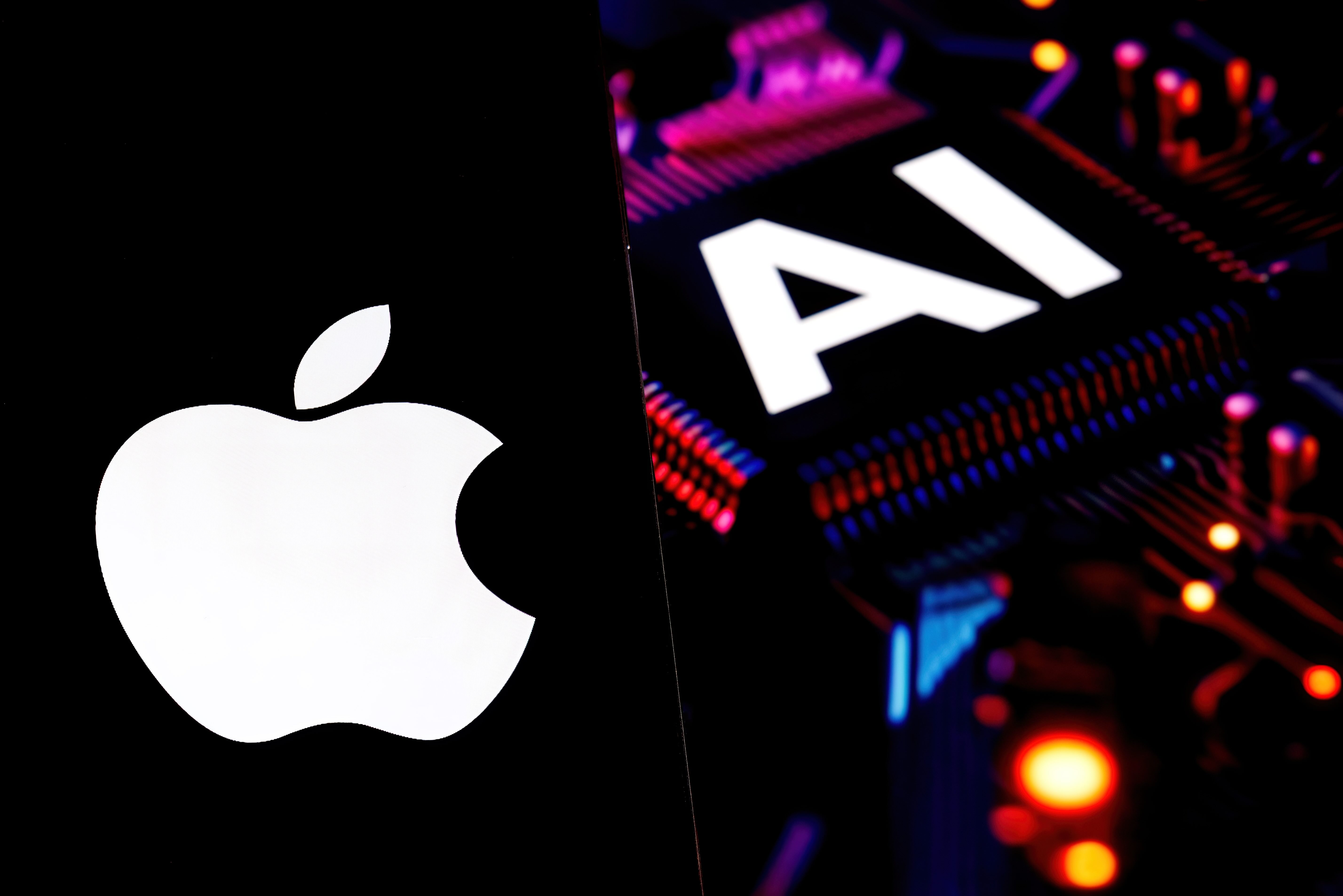 Apple logo next to illuminated AI chip display showing colorful circuit patterns and processor graphics