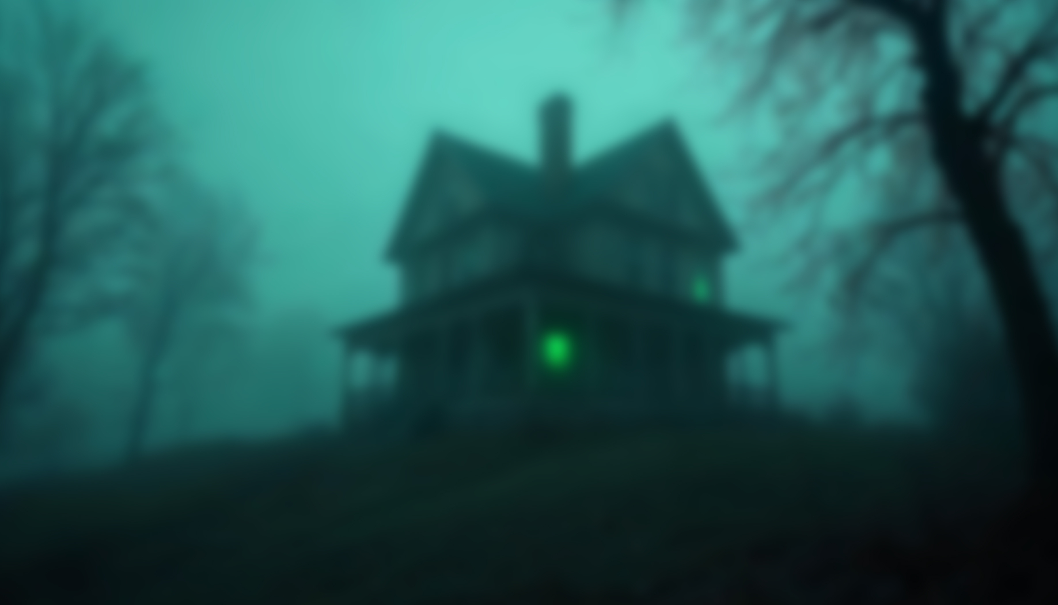 Blurred haunted house silhouette in dark teal fog with glowing green light in window