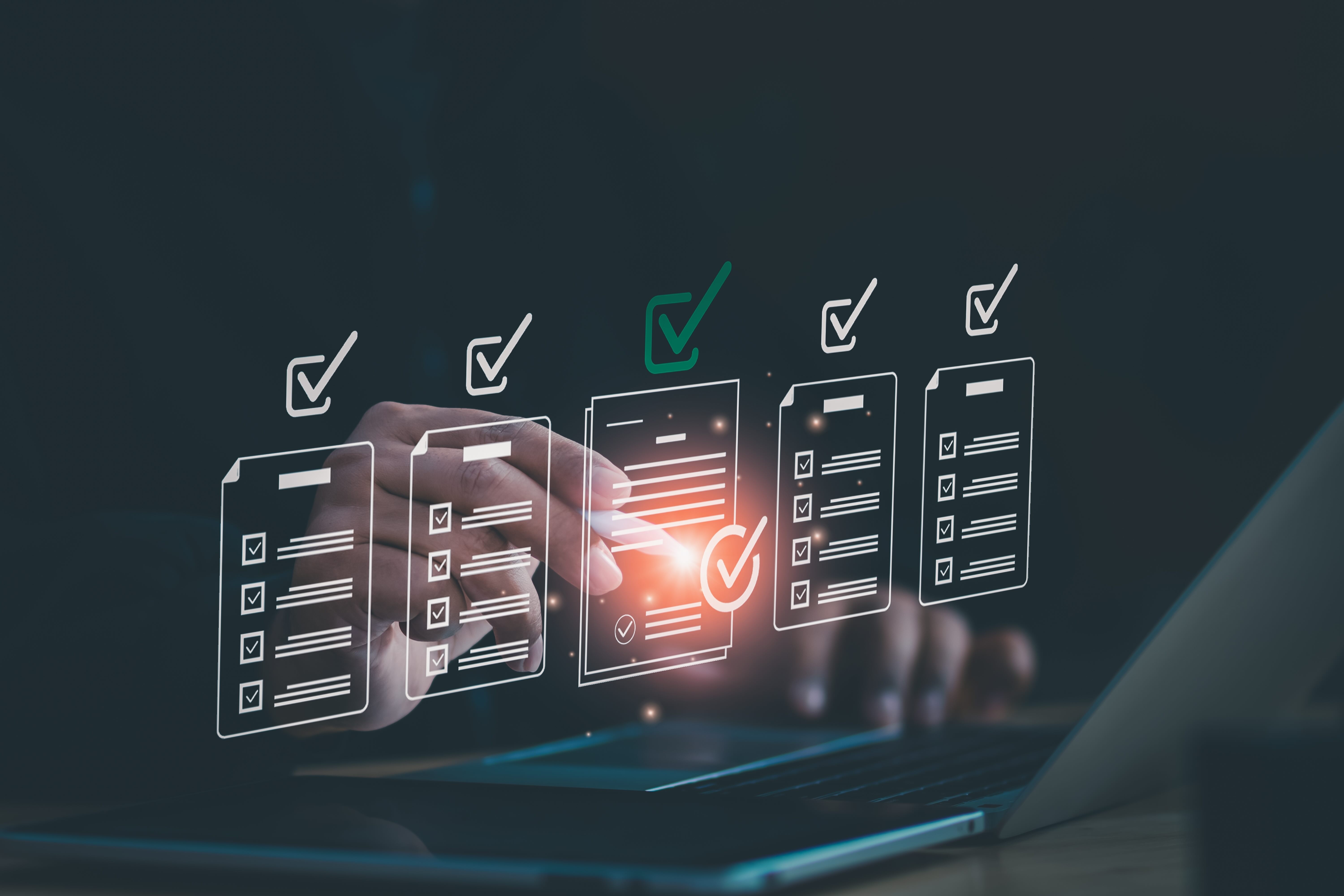 Hand interacting with digital checklists and checkmarks representing workflow automation and business process optimization