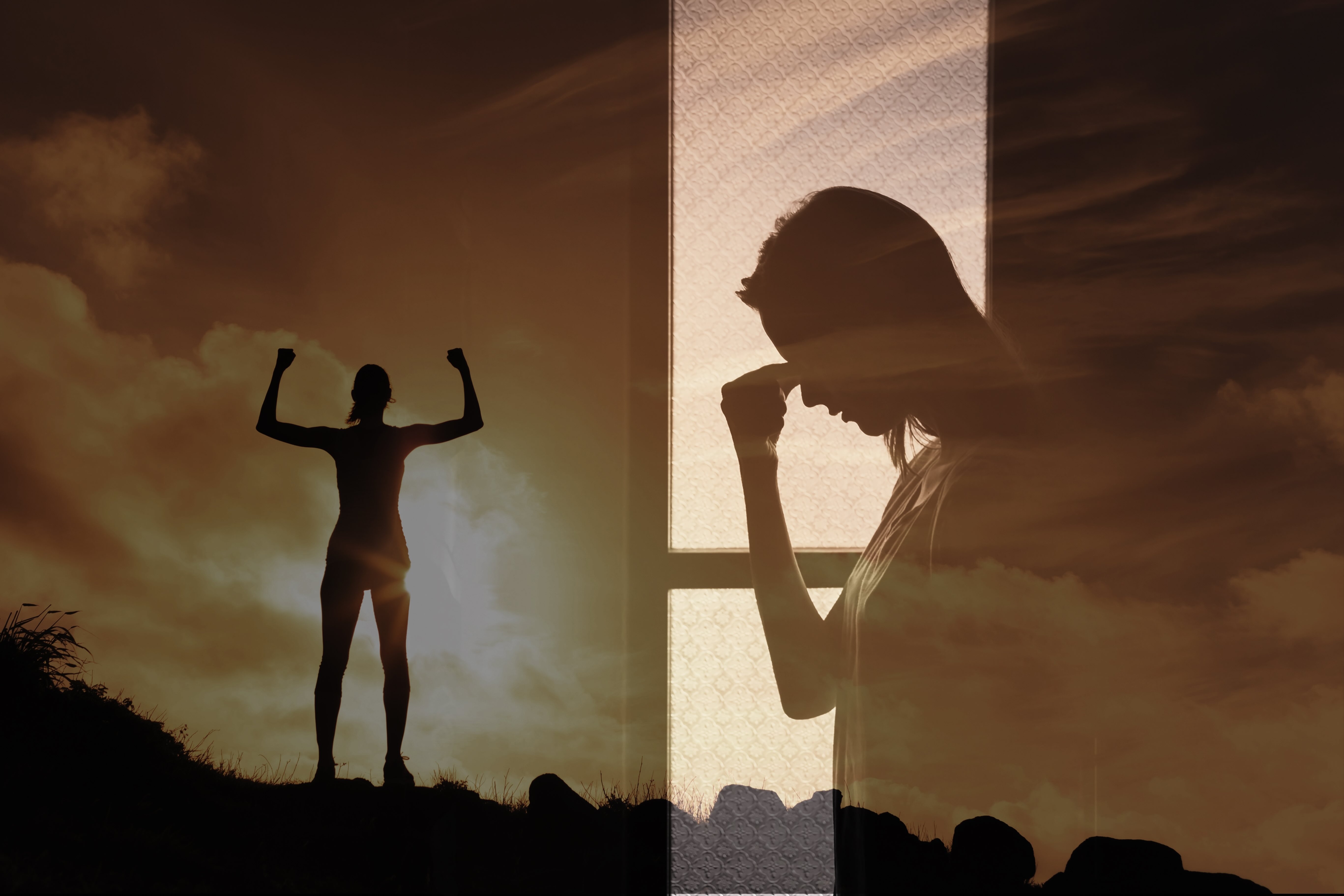 Two silhouetted figures at sunset: one stands triumphant with raised fists, another appears distressed with head down