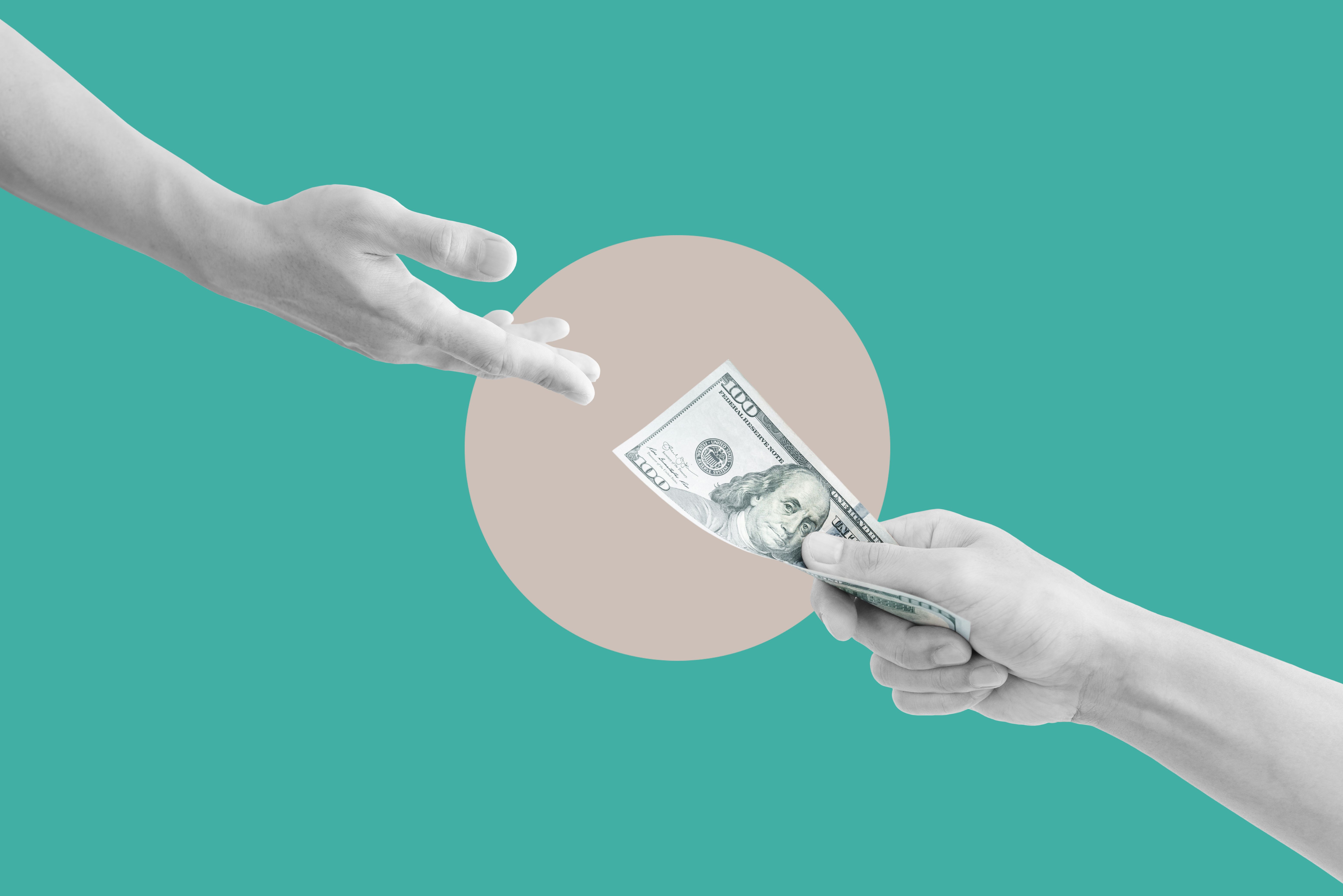 Two hands exchanging a hundred dollar bill against a turquoise background with a beige circle