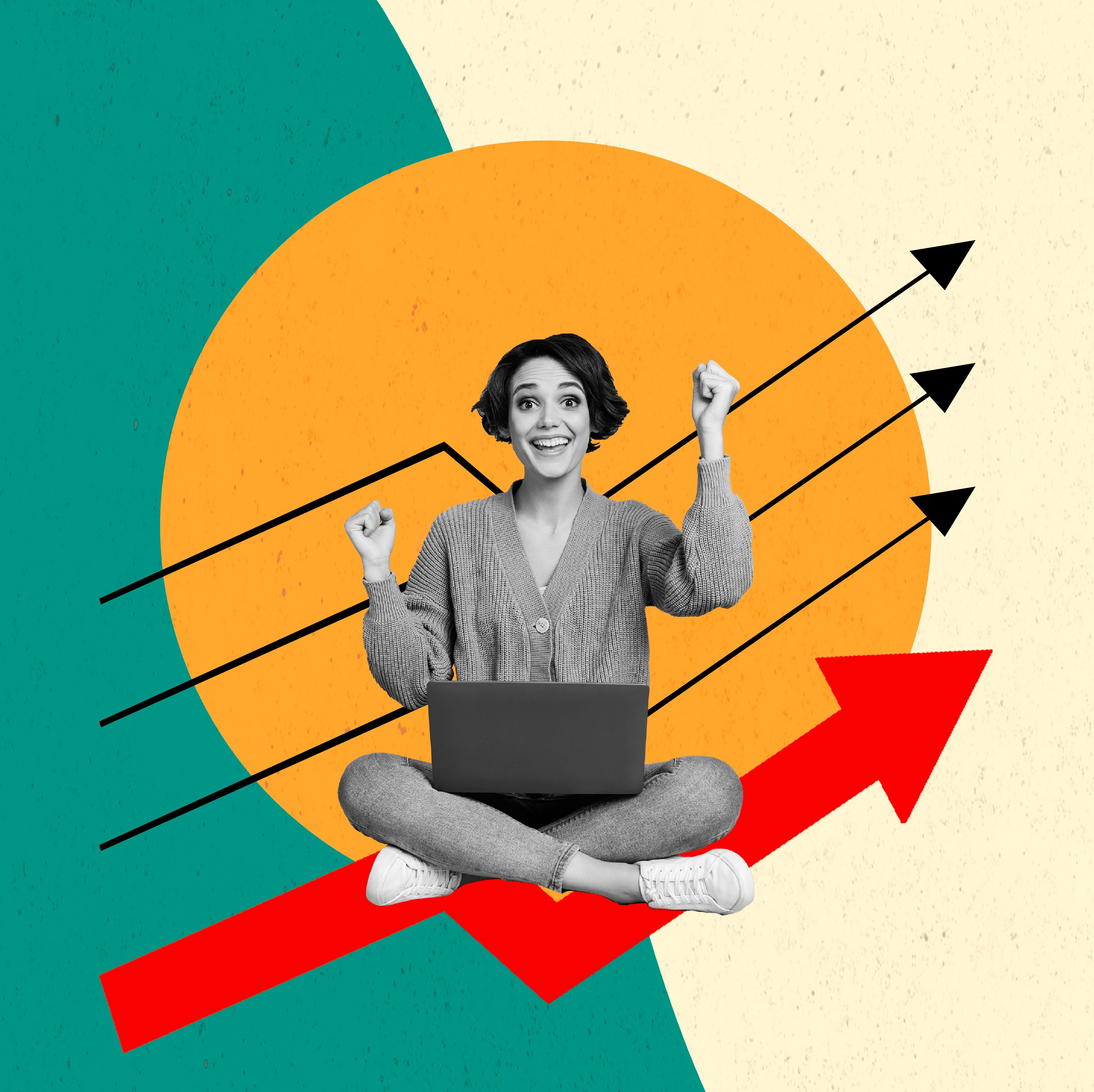 Woman celebrating with raised fists at laptop as upward trending arrows symbolize successful habit building and growth