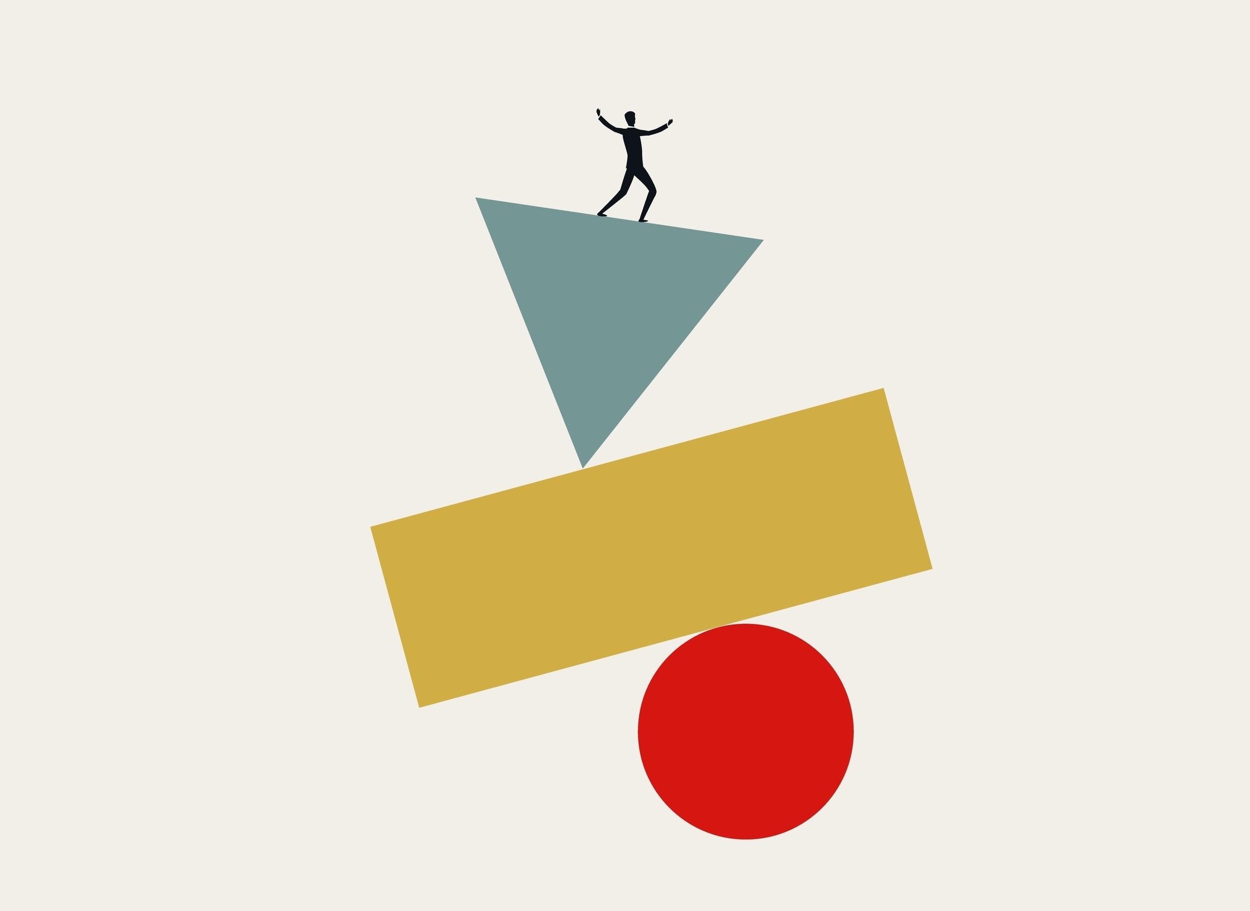Person balancing on geometric shapes stacked precariously on a ball, symbolizing work-life balance struggles