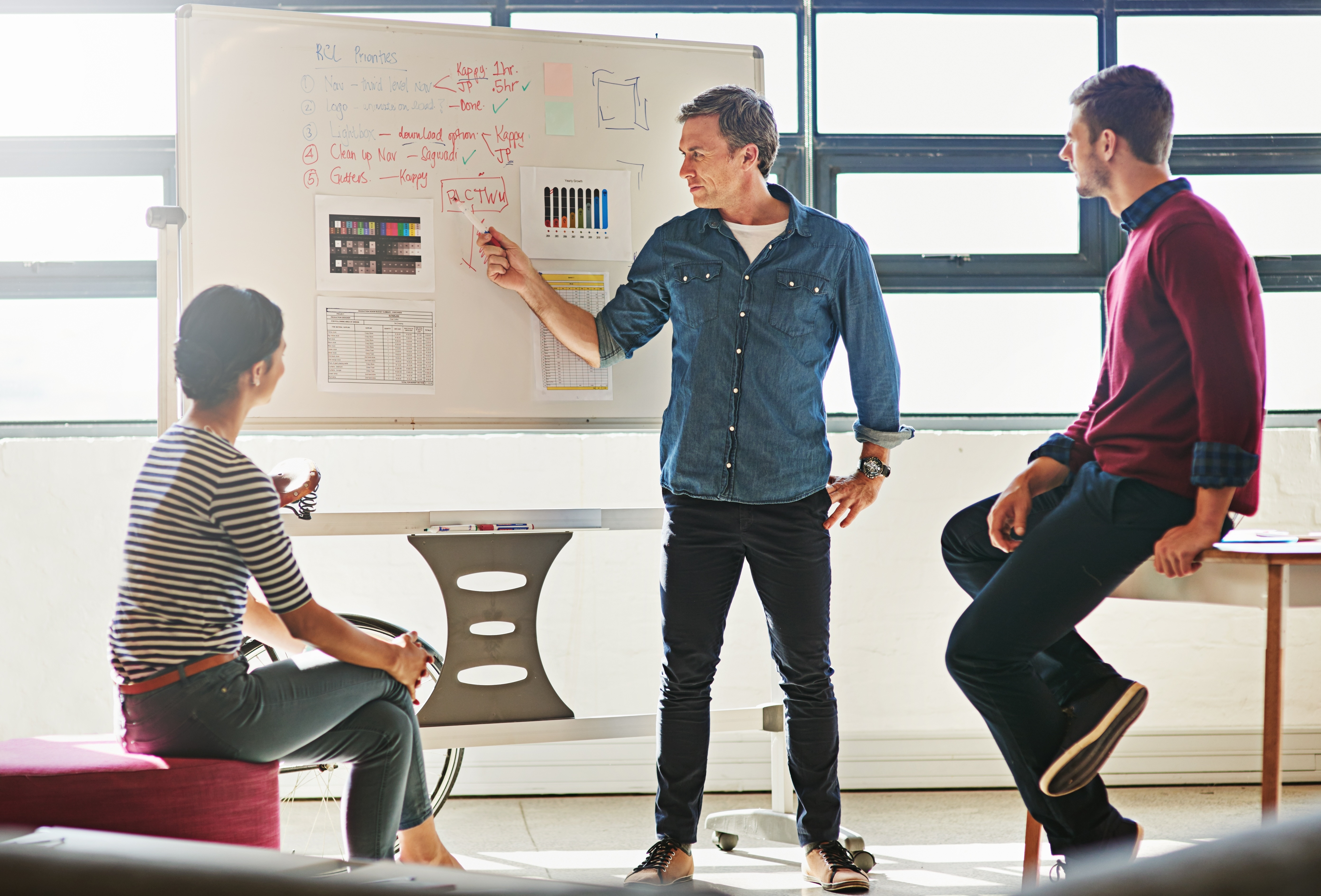 Business coach leading whiteboard discussion with two team members in workspace