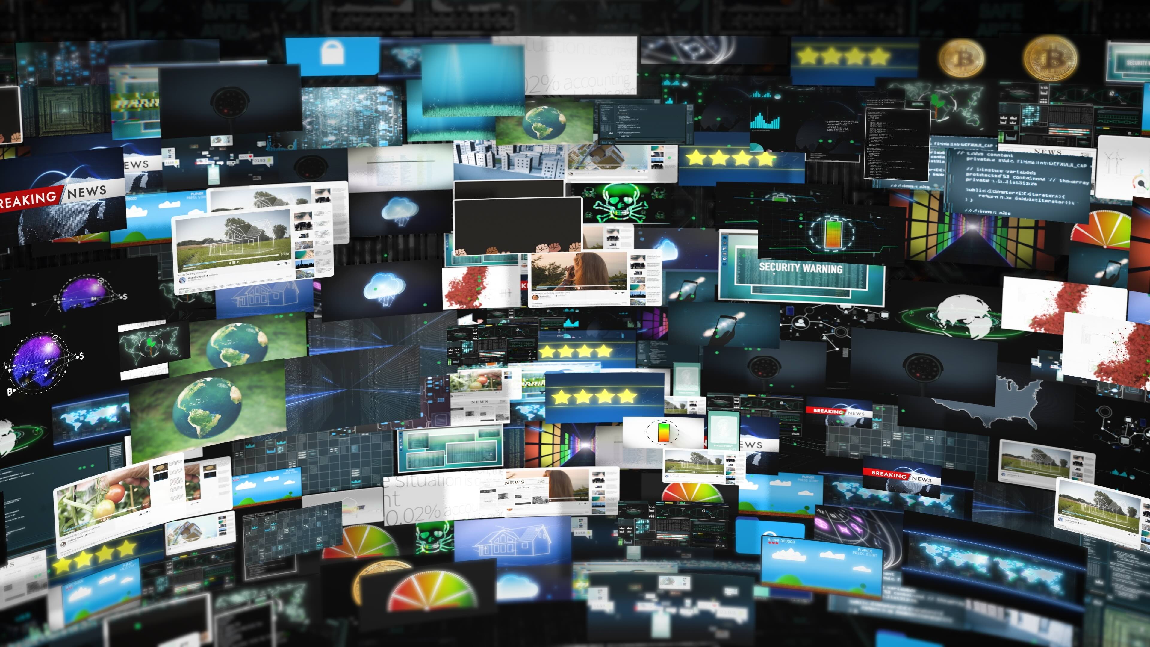 Countless digital screens displaying news, social media, security warnings, and notifications floating in chaotic arrangement