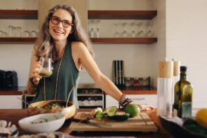 woman balancing healthy diet with sleep and exercise
