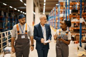 employees talking to boss in warehouse