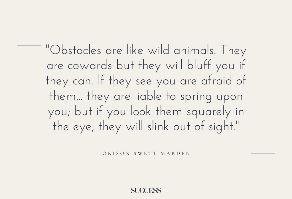 “Obstacles are like wild animals. They are cowards but they will bluff you if they can. If they see you are afraid of them… they are liable to spring upon you; but if you look them squarely in the eye, they will slink out of sight.”  – Orison Swett Marden