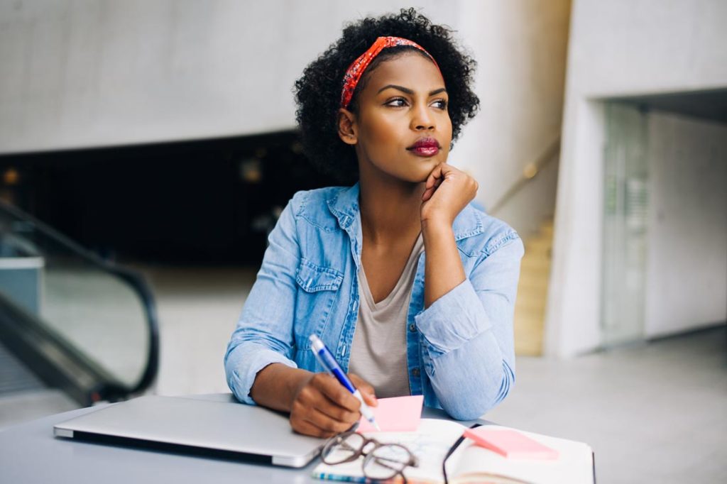 woman pondering self-improvement questions