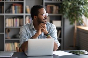 man working from home practicing deliberate calm