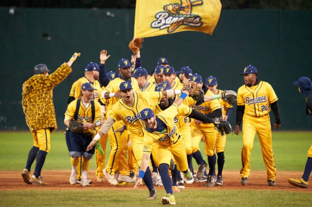 Savannah Bananas team horsing around on the field