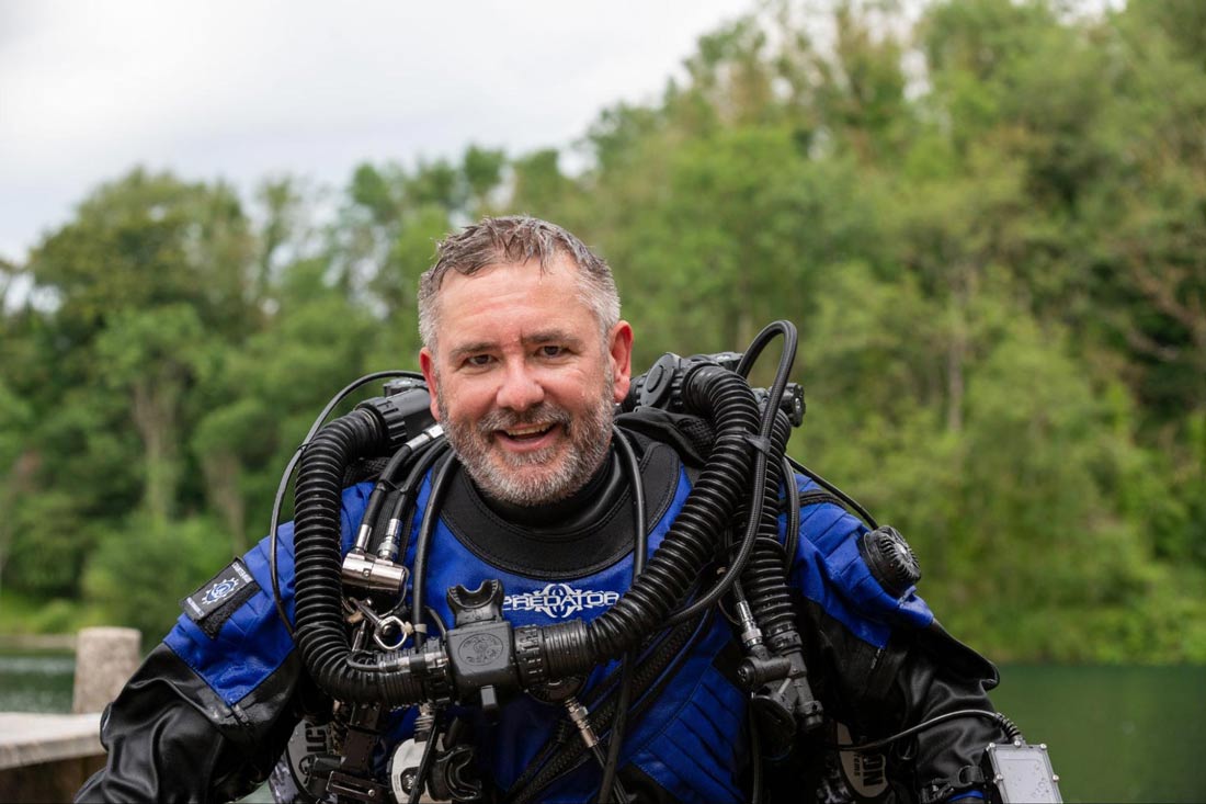 Gareth Lock, former Royal Air Force navigator and founder of The Human Diver, in a diving suit