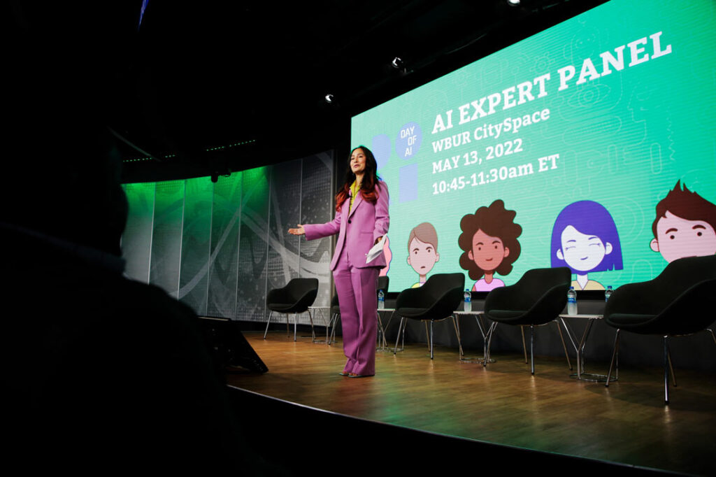 Cynthia Breazeal on stage presenting about AI for kids
