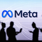 Meta logo on big screen, group of business people chat on phone and laptop
