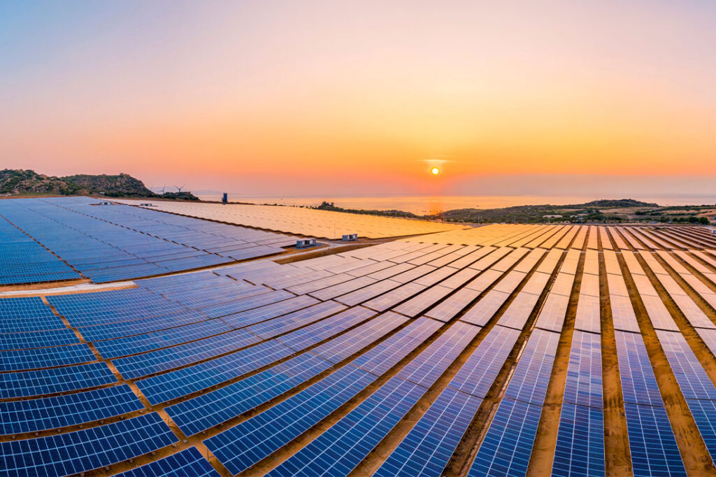 Solar panels reflect sparkling light from the sun
