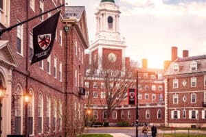 View of the architecture of the famous Harvard University in Cambridge, Massachusetts, USA