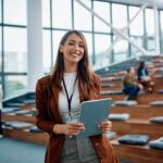 Smiling woman at a public speaking course