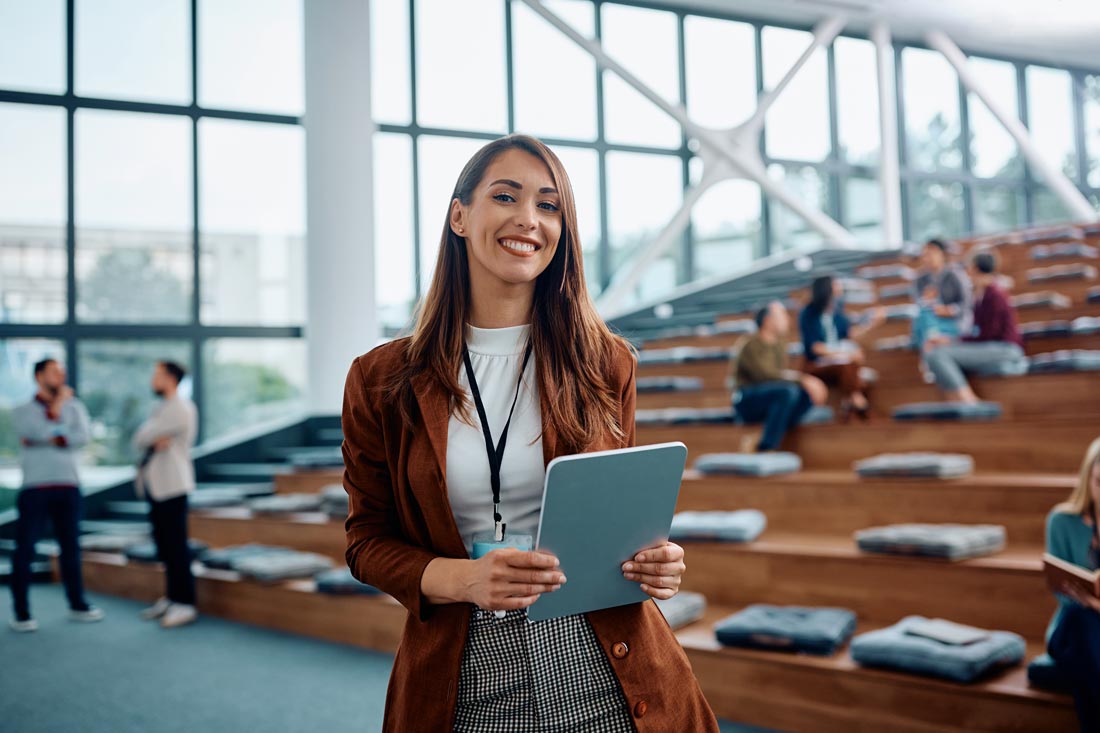 Smiling woman at a public speaking course