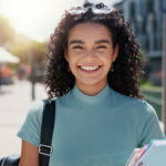 a college student smiling with a backpack hung over right shoulder and carrying notebooks in her left hand