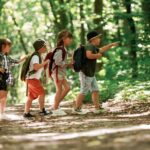 A group of children with backpacks on a trail.