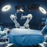 Two Surgeons Wearing Augmented Reality Headsets, Using High-Precision Remote Controlled Robot Arms To Operate On Patient In Futuristic Hospital