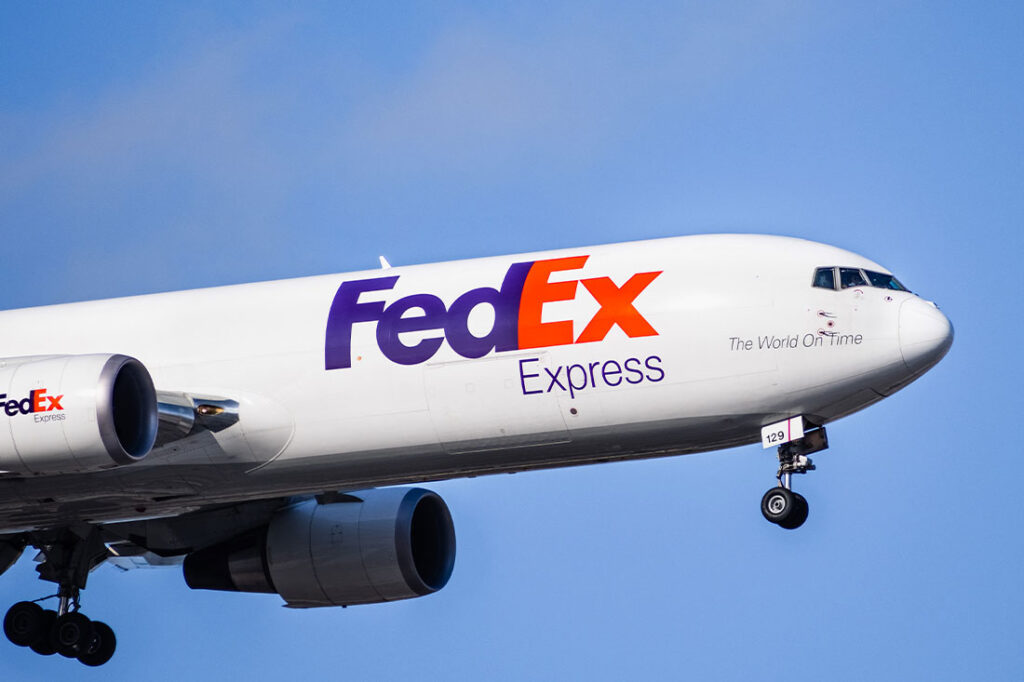 Close up of FedEx Express aircraft approaching San Jose International Airport