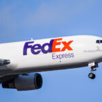 Close up of FedEx Express aircraft approaching San Jose International Airport