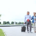 A middle-aged couple travels abroad