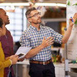 Startup company planning and strategizing on a whiteboard