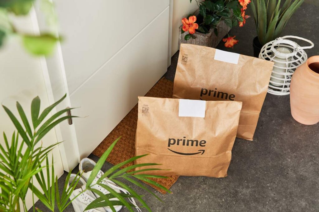 Amazon Prime fresh groceries on a front porch