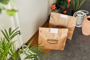 Amazon Prime fresh groceries on a front porch