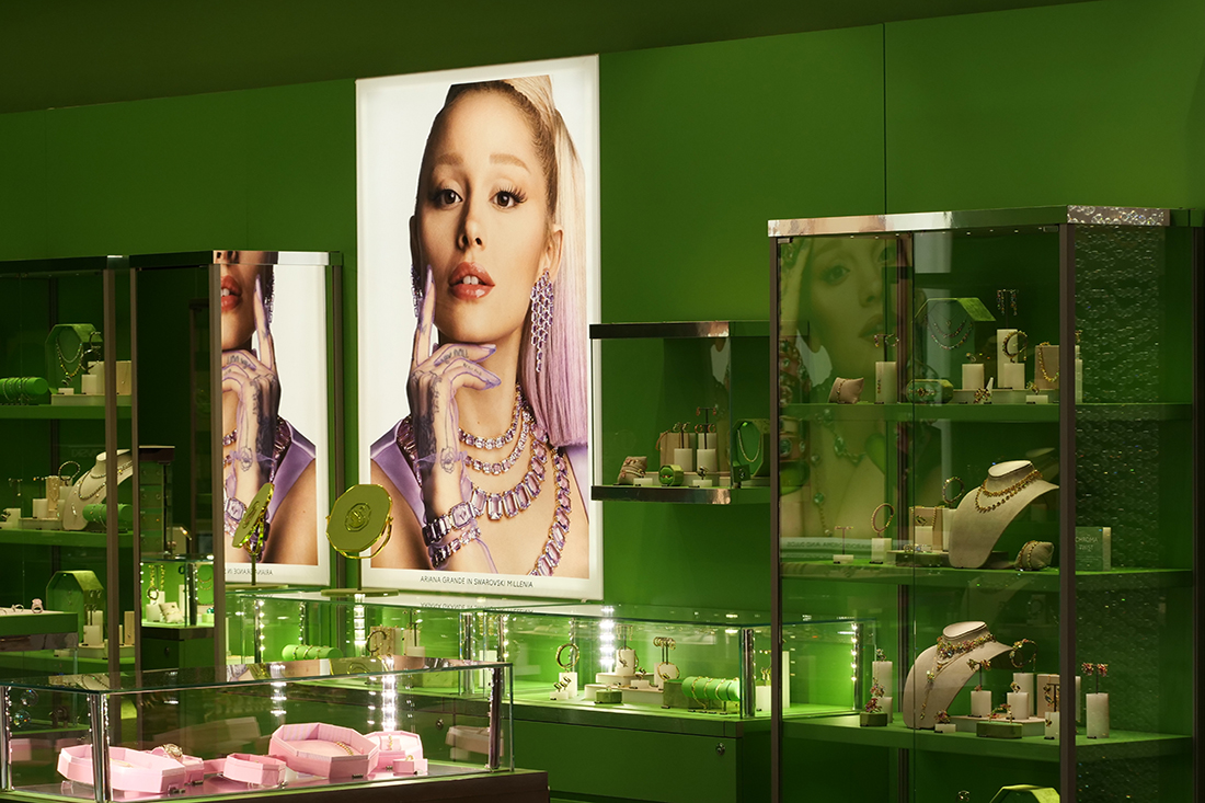 A Swarovski store featuring a celebrity brand partnership with Ariana Grande