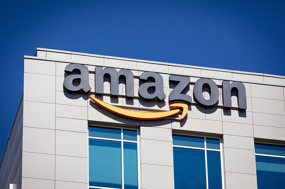 Amazon logo on the company office building in Sunnyvale, Silicon Valley, San Francisco Bay Area.