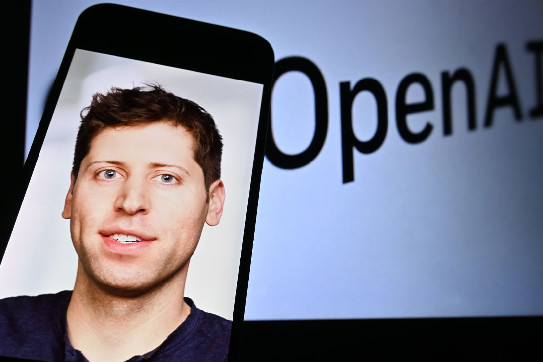 The Sam Altman OpenAI and CHatGPT logos appear on the screen