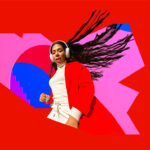 girl with headphones and red backdrop