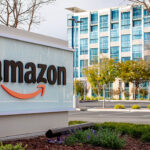 Amazon logo and sign displayed in front of the company corporate offices