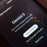 Close-up of Google DeepMind Gemini 3 promotional website with vibrant dotted graphics and interactive buttons.